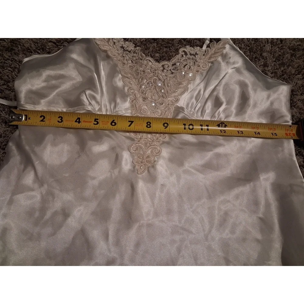 Ivory Satin Babydoll Cami Beaded Floral Lace Pearl Applique Coquette Fairy Y2K S